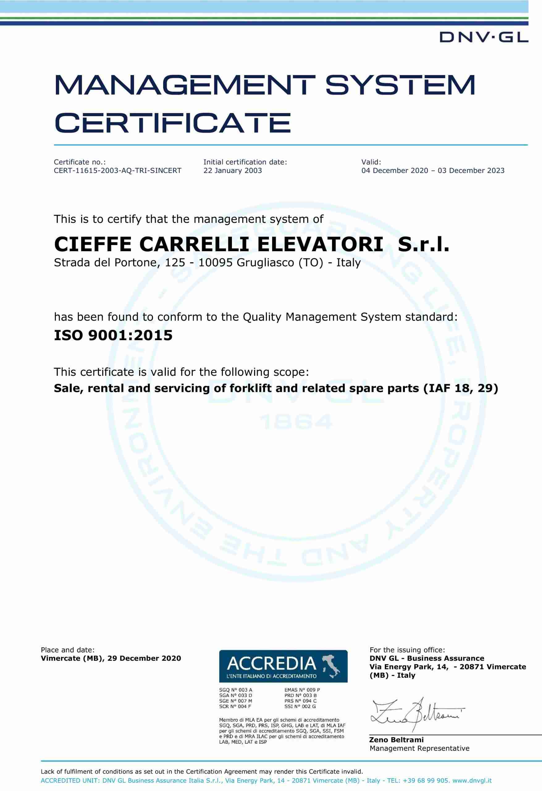 dvn-gl certificazione iso 9001/2015 - cieffe carrelli