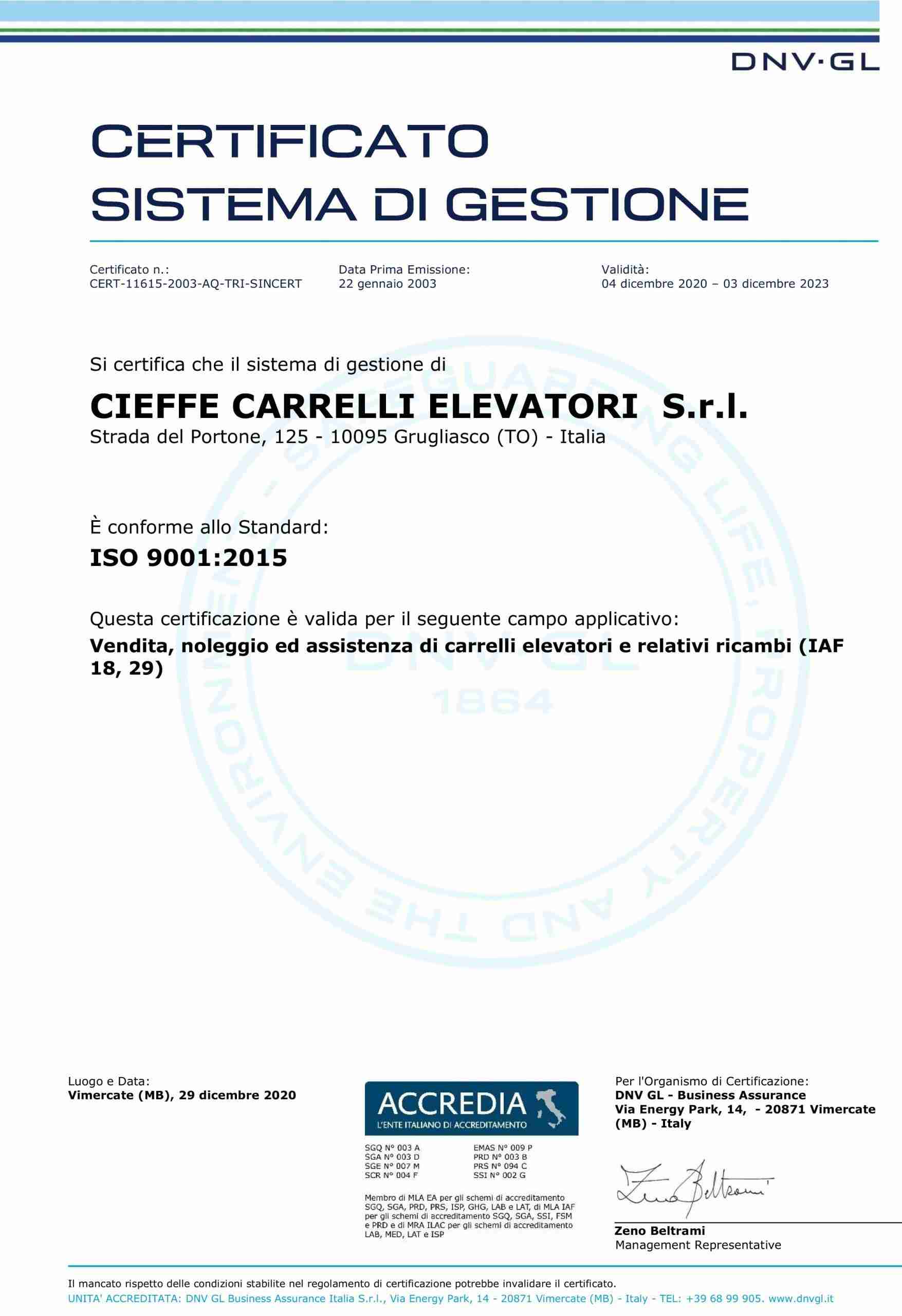 dvn-gl certificazione iso 9001/2015 - cieffe carrelli